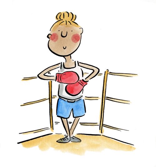 A smiling woman wearing boxing gloves