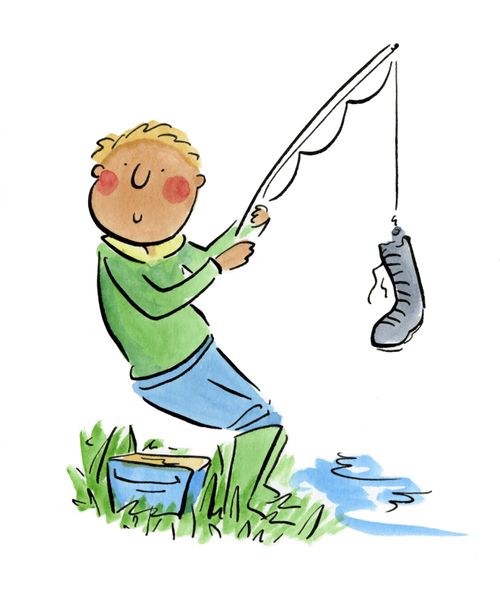 A man holding fishing rod with a shoe attached