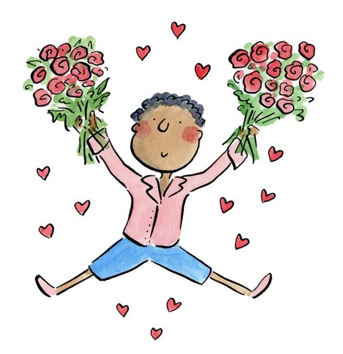 A man doing a jumping jack while holding two bunches of roses