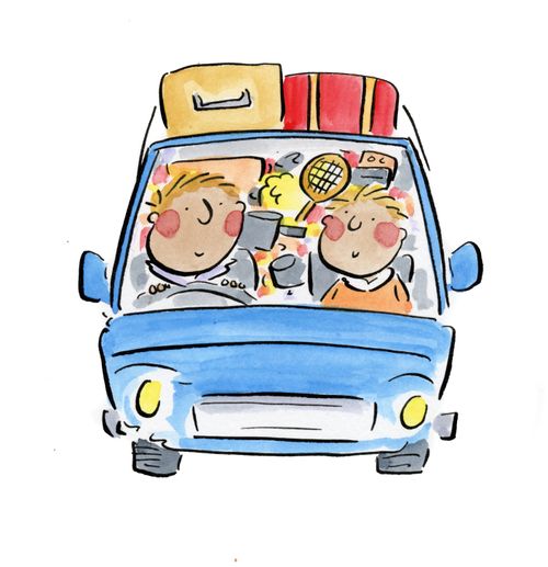 A father and son in a car packed with thier possessions