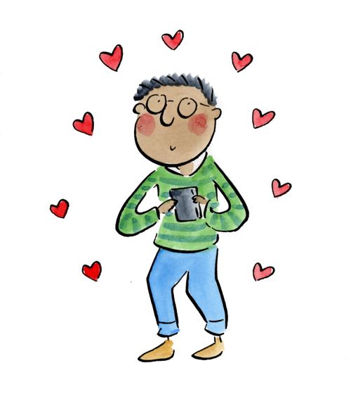 A man surrounded with lovehearts