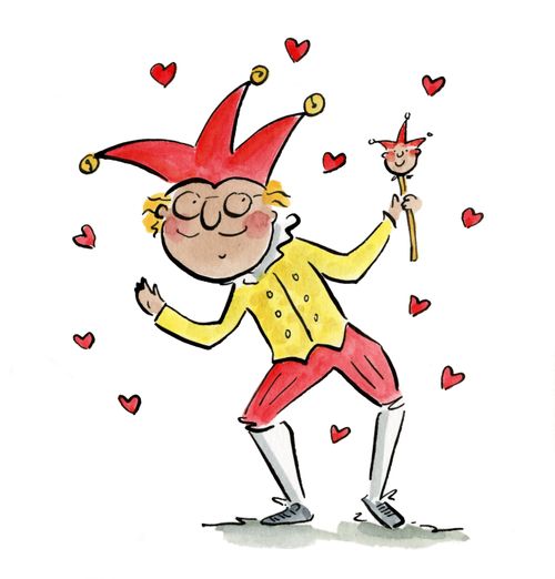 A jester surrounded with love hearts