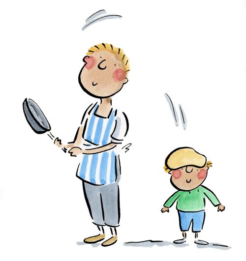 A man flips a pancake onto a child's head
