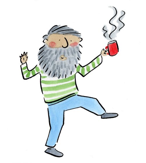 An old, dancing man holding a steaming cup 