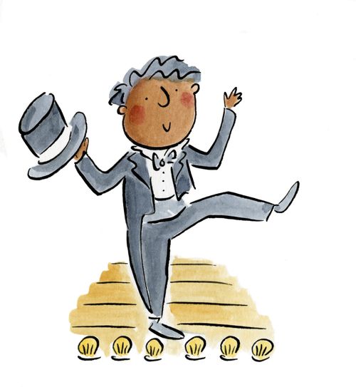 A man wearing a tailcoat and holding a top hat dancing on stage