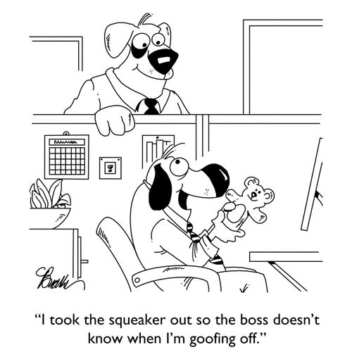 "I took the squeaker out so the boss doesn't know when I'm goofing off."