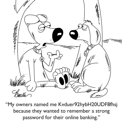 "My owners named me Kvduer92hybH20UDF8fhsj becuase they wanted to remember a strong password for their online banking."