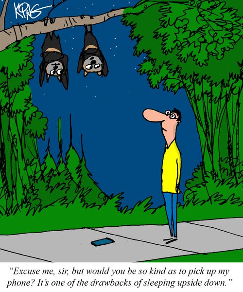 "Excuse me, sir, but would you be so kind as to pick up my phone? It's one of the drawbacks of sleeping upside down."