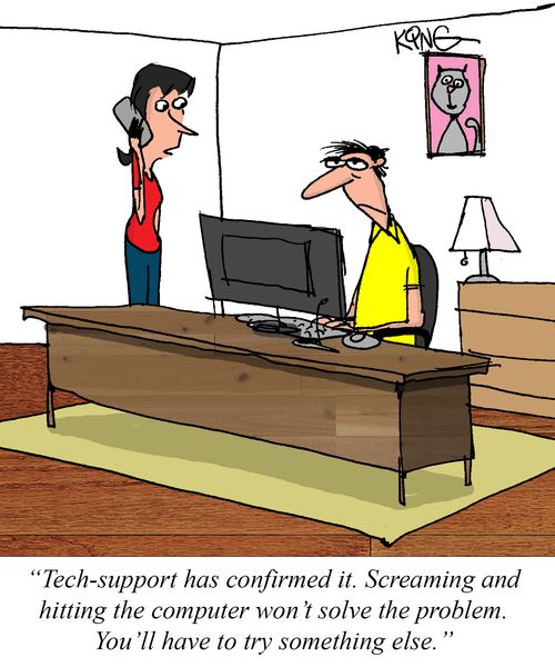 "Tech-support has confirmed it. Screaming and hitting the computer won't solve the problem. You'll have to try something else."