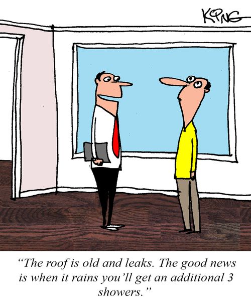  "The roof is old and leaks. The good news is when it rains you'll get an additional 3 showers."
