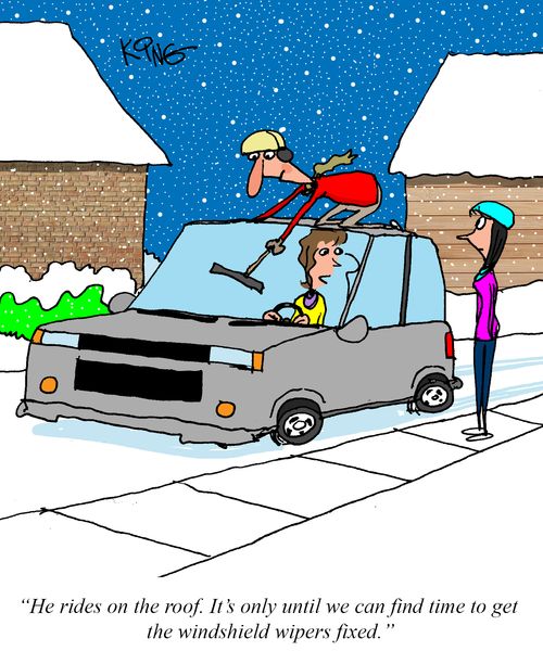 "He rides on the roof. It's only until we can find time to get the windshield wipers fixed."
