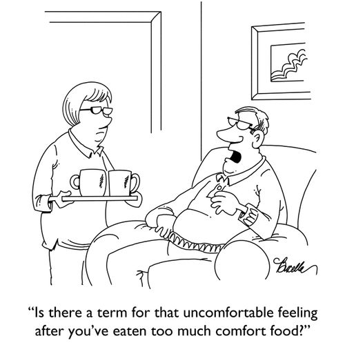 "Is there a term for that uncomfortable feeling after you've eaten too much comfort food?"