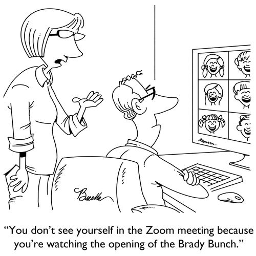 "You don't see yourself in the Zoom meeting because you're watching the opening of the Brady Bunch."