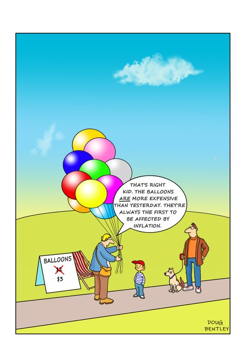 "That's right kid, the balloons are more expensive than yesterday. They're always the first to be affected by inflation."