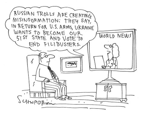 "Russian trolls are creating misinformation: They say, in return for U.S. arms, Ukraine wants to become our 51st state and vote to end filibusters."