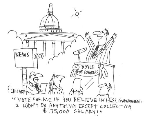 "Vote for me if you believe in less government. I won'd do anything except collect my $175,000 salary!"