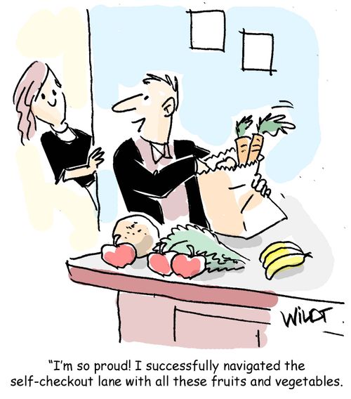 "I'm so proud! I successfully navigated the self-checkout lane with all these fruits and vegetables."