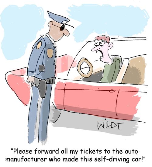 "Please forward all my tickets to the auto manufacturer who made this self-driving car."
