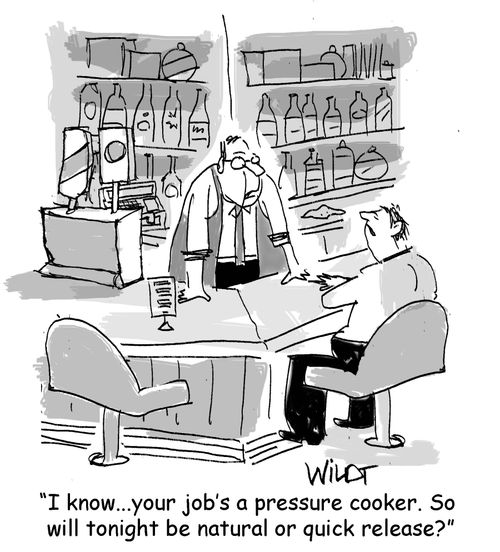 "I know . . . your job's a pressure cooker. So will tonight be natural or quick release?"