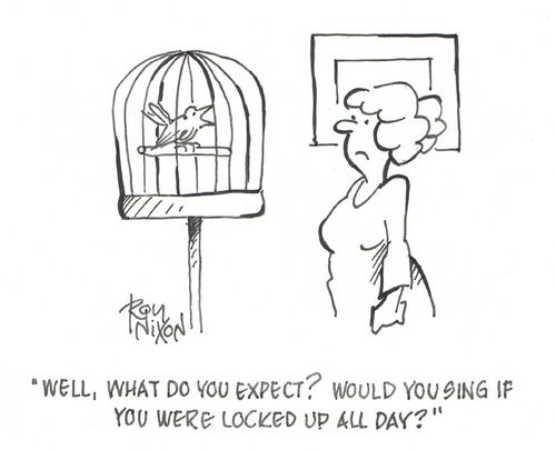 "Well, what do you expect? Would you sing if you were locked up all day?"