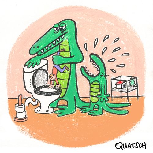 Dinosaur flushing his human pet.