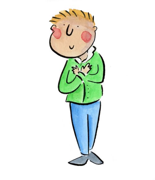 A man wearing a green shirt with his hands crossed over his heart