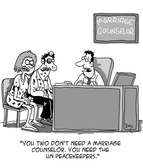 "You two don't need a marriage counselor. You need the UN Peacekeepers."