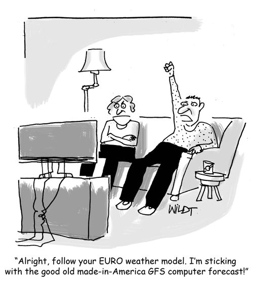 "Alright, follow you EURO weather model. I'm sticking with the good old made-in-America GFS computer forecast!"