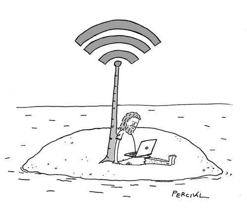 Man stuck on desert island with WiFi router.