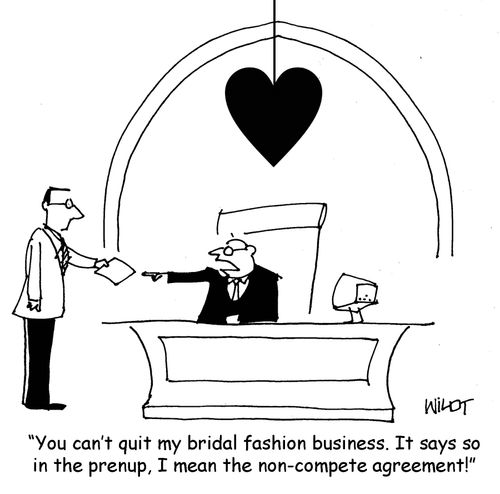 "You can't quit my bridal fashion business. It says so in the prenup, I man the non-compete agreement!"