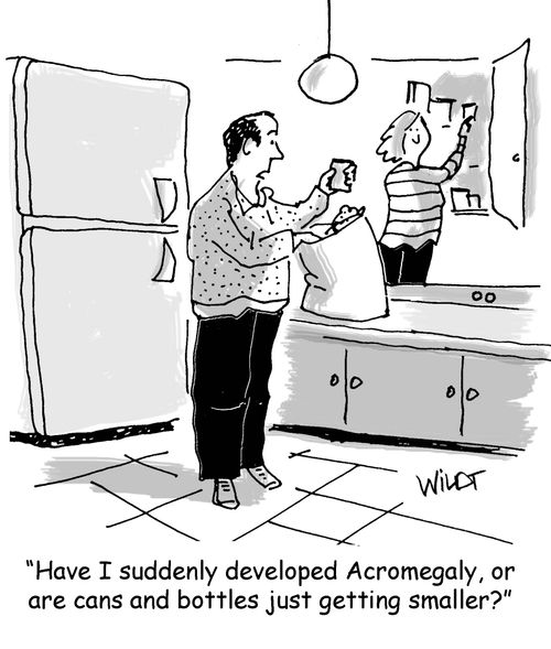 "Have I suddenly developed Acromegaly, or are cans and bottles just getting smaller?"