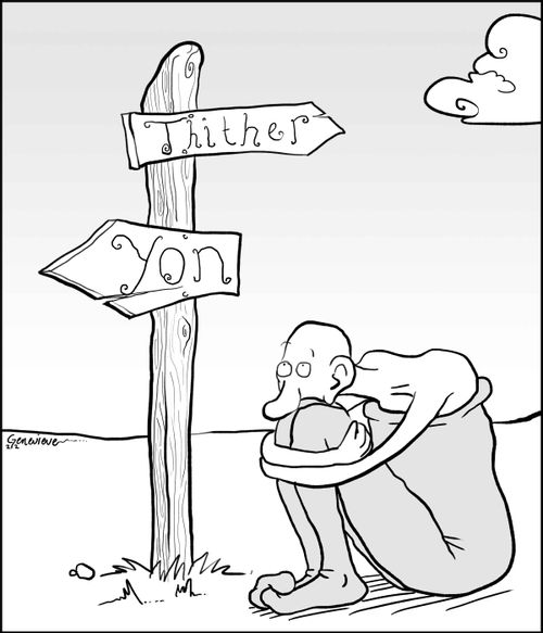 A signpost labelled 'Thither' and 'Yon'.