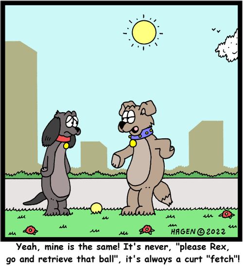 "Yeah, mine is the same! It's never, 'please Rex, go and retrieve that ball', it's always a curt 'fetch'!"