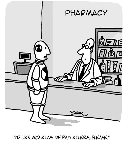 "I'd like 40 kilos of pain killers, please."