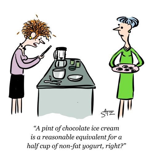 "A pint of chocolate ice cream is a reasonable equivalent for a half cup of non-fat yoghurt, right?"