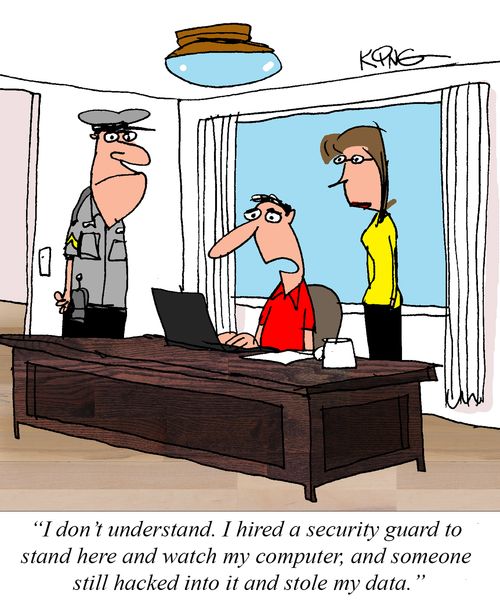 "I don't understand. I hired a security guard to stand here and watch my computer, and someone still hacked into it and stole my data."
