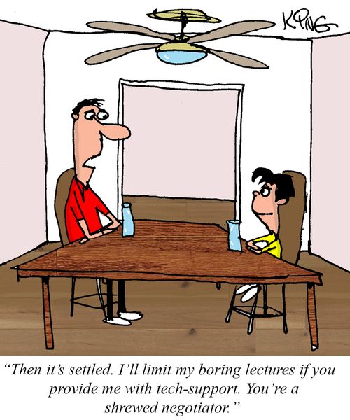 "Then it's settled. I'll limit my boring lectures if you provide me with tech-support. You're a shrewed negotiator."