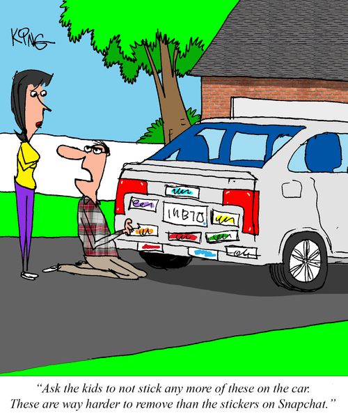 "Ask the kids to not stick any more of these on the car. These are way harder to remove than the stickers on Snapchat."