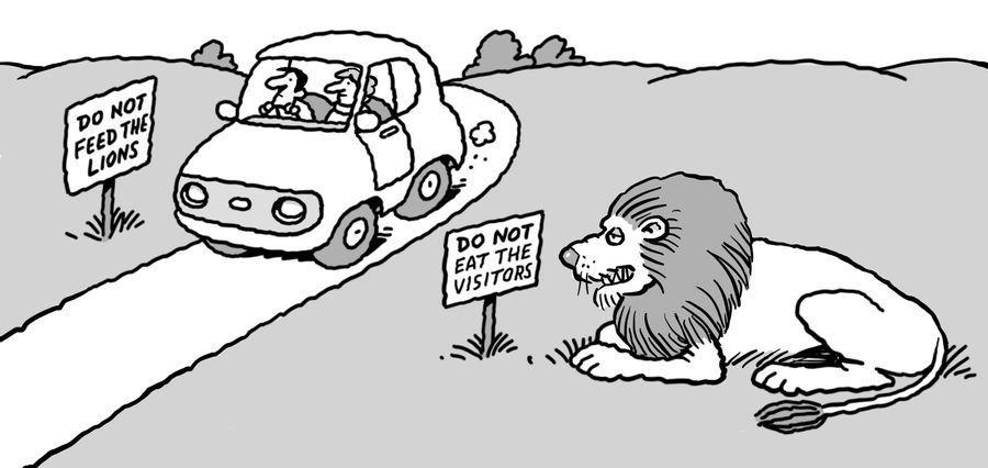 Drive-through safari park signs reading 'Do not feed the lions' and 'Do not eat the visitors'.