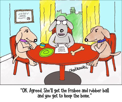 "Ok. Agreed. She'll get the frisbee and rubber ball and you get to keep the bone."