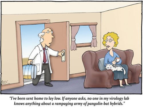 "I've been sent home to lay low. If anyone asks, no one in my virology lab knows anything about a rampaging army of pangolin-bat hybrids."