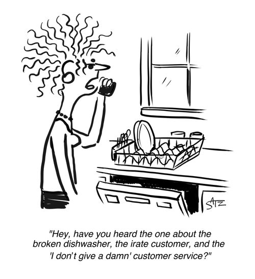 "Hey, have you heard the one about the broken dishwasher, the irate customer, and the 'I don't give a damn' customer service?"