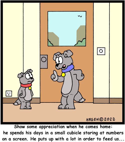 "Show some appreciation when he comes home: he spends his days in a small cubicle staring at numbers on the screen. He puts up with a lot in order to feed us."