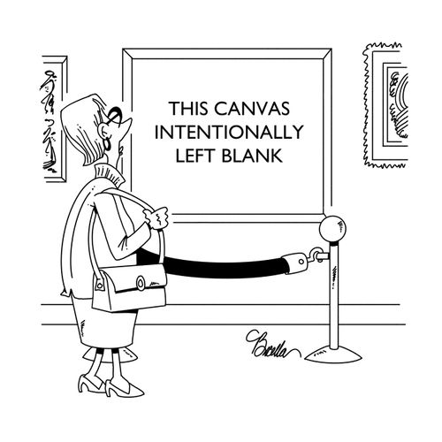 Woman in art gallery looks at canvas reading 'This canvas intentionally left blank'.