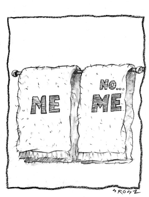 Towels embroidered with 'Me', and 'No... Me.'