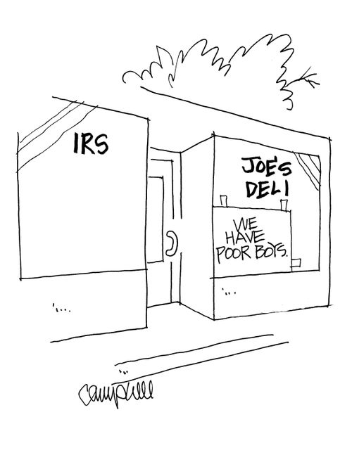 IRS Office positioned next to a 'Poor Boys' deli.