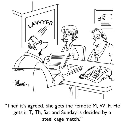 "Then it's agreed. She gets the remote M, W, F. He gets it T, Th Sat and Sunday is decided by a steel cage match."