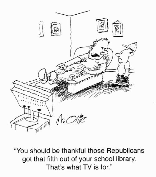 "You should be thankful those Republicans got that filth out of your school library. That's what TV is for."
