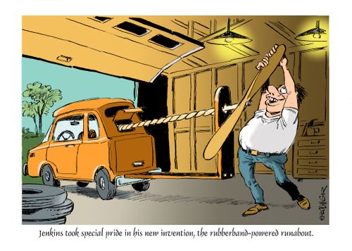 Jenkins took special pride in his new invention, the rubberband-powered runabout.