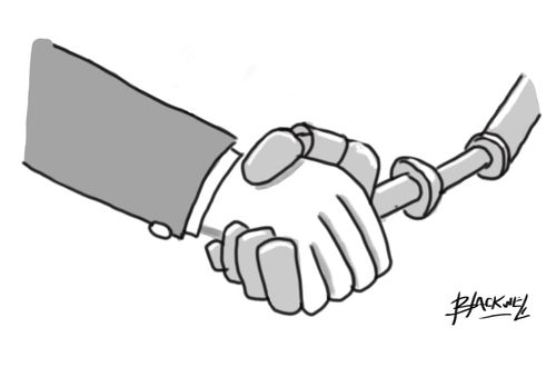 Human shaking hands with a robot.